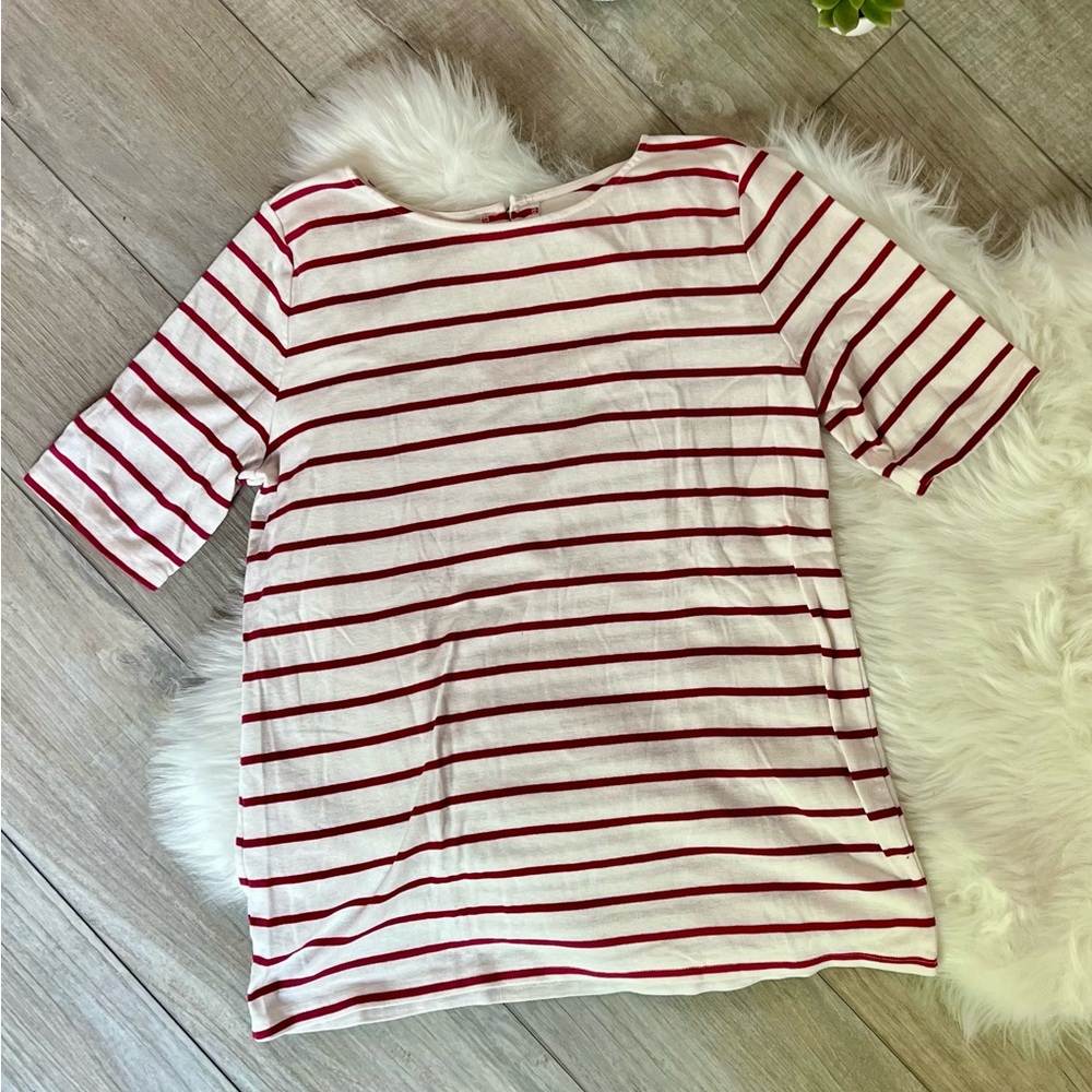 LOFT | Red Striped Fitted 3/4 Sleeve Open Back Shirt (L)